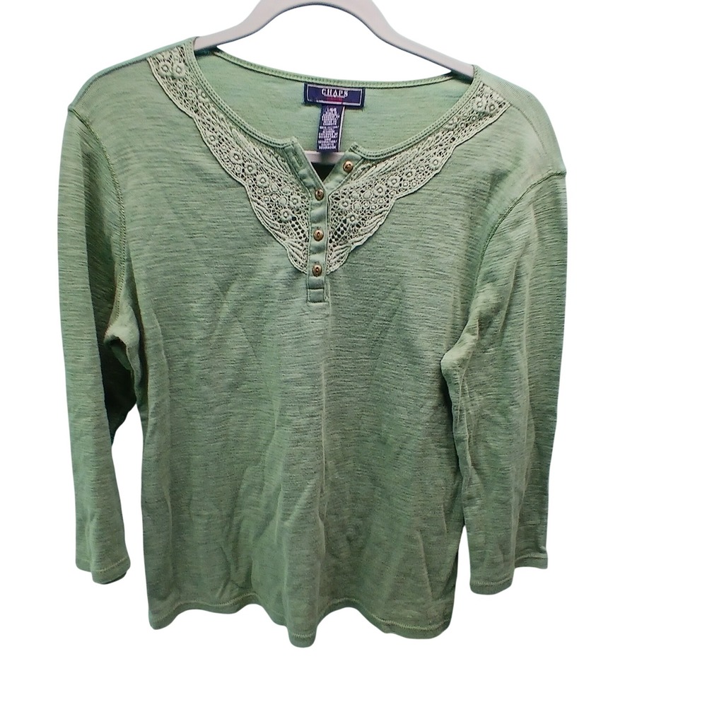 Chaps‎ Henley Top Large Green Lace Trim Cotton Boho Cottagecore Feminine Rustic